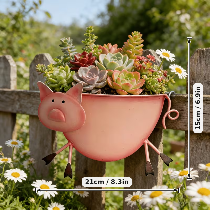 Rustic Farm Animal Metal Fence Planter – Pig, Cow & Rooster Hanging Flower Pot for Garden Decor